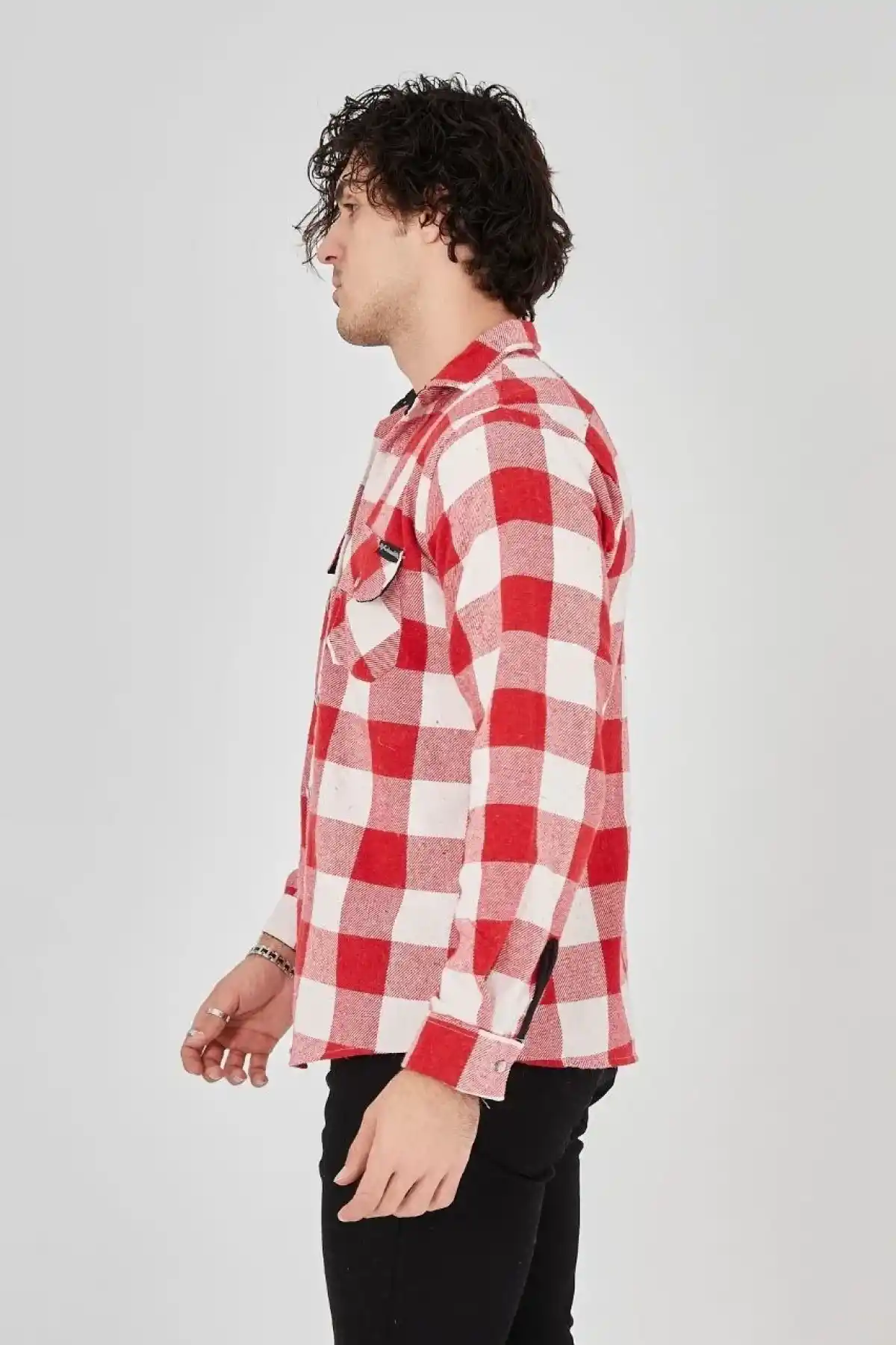 Erkek Oduncu Gömlek Uzun Kollu Şardonlu Kareli Desen Regular Fit Manşetli Çift - Kırmızı