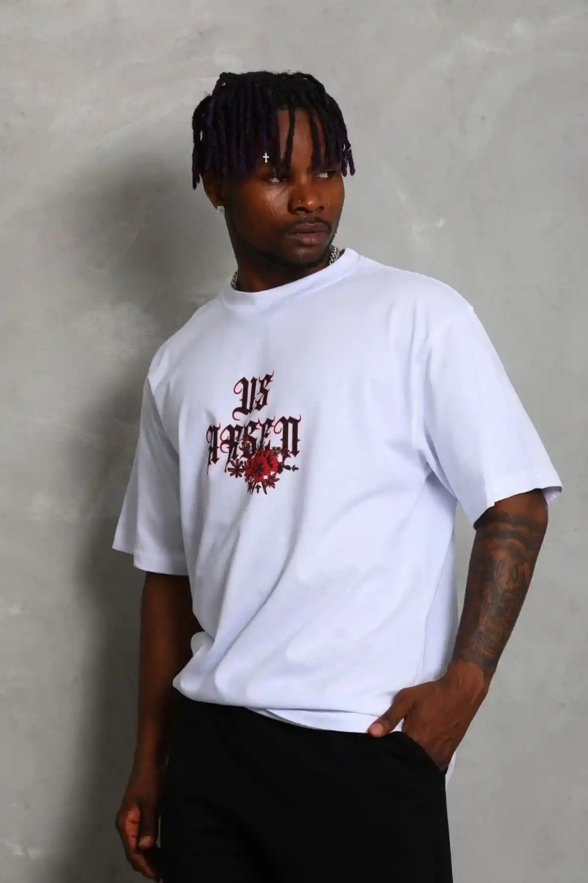 Erkek Oversize Baskılı Bisiklet Yaka T-Shirt - Beyaz