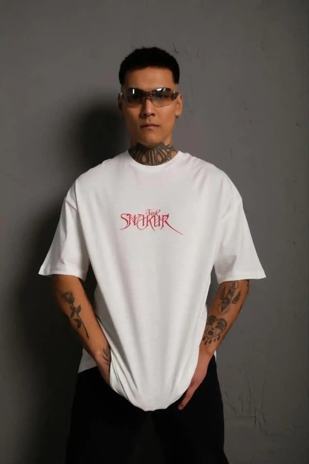 Erkek Oversize Tişört Beyaz 24/1 Penye Bisiklet Yaka Ön Arka Baskılı - Beyaz