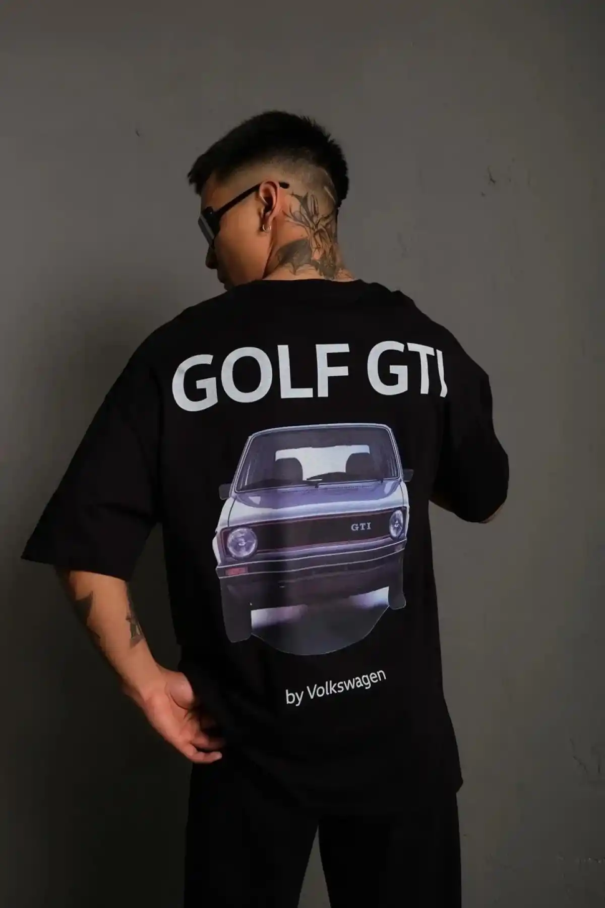 Erkek Oversize Tişört Golf GTI Retro Araba Baskılı T-shirt - Siyah