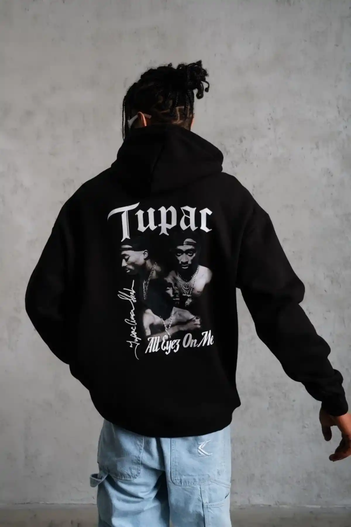 Erkek Oversize Üç İplik Kapüşonlu Sweat Siyah Kol ve Etek Ribana Detaylı Ön ve Sırt