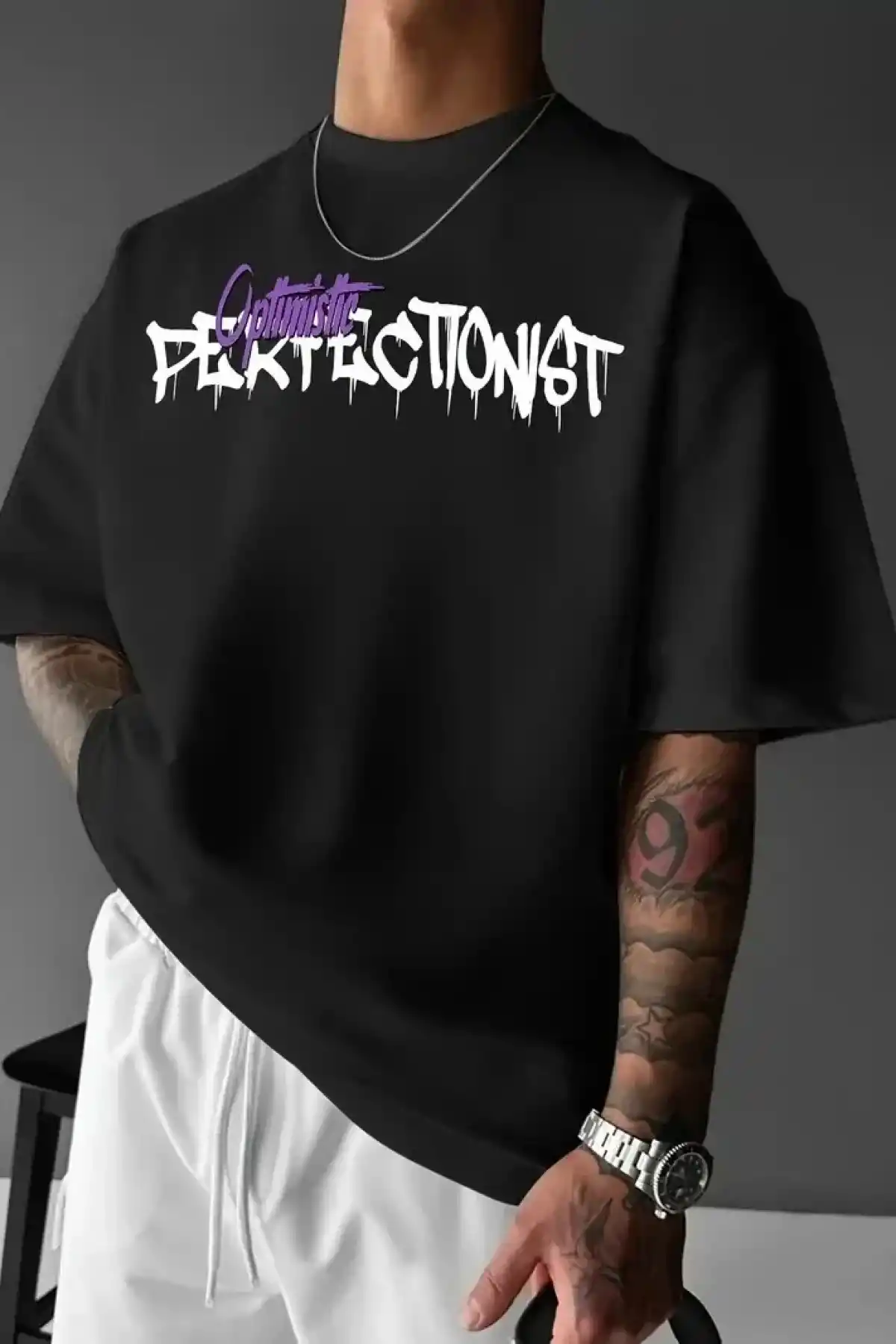 Erkek OversizeGrafik Tişört CAMPBRASTCOOPERATION Kalın Yazı Bisiklet Yaka Kısa - Siyah