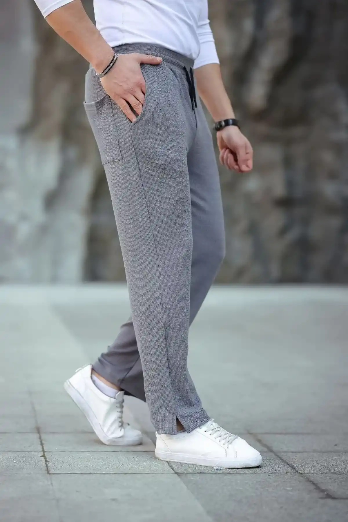 Erkek Paça Yırtmaçlı Burgu selanik dokulu Jogger Buggy Pantalon Rahat kalıp - Gri