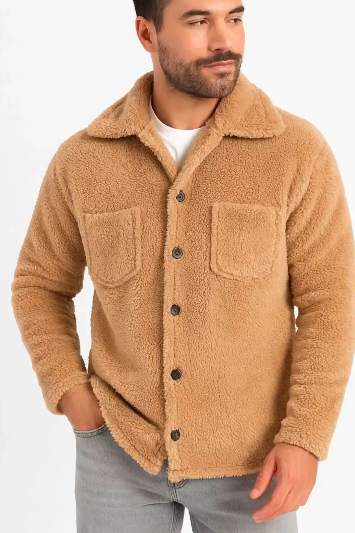 Erkek Pelüş Polar Hırka Gömlek – Yakalı, İlik Düğmeli, Göğüs Cepli, Yumuşak Dokulu Kışlık Regular Fit Rahat Günlük Model - Açık Kahve