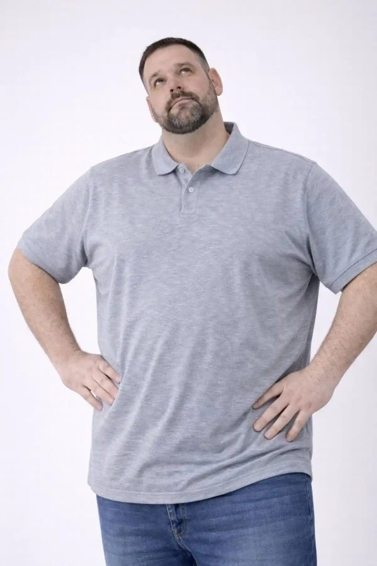 Erkek Pike Kumaş Düğmeli Yaka Battal Büyük Beden Günlük Kısa kol Tişört T-shirt - Gri