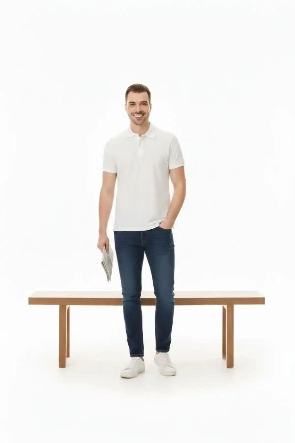 Erkek Pike Kumaş Düğmeli Yaka Regular Fit Günlük Kısa kol Tişört T-shirt - Beyaz