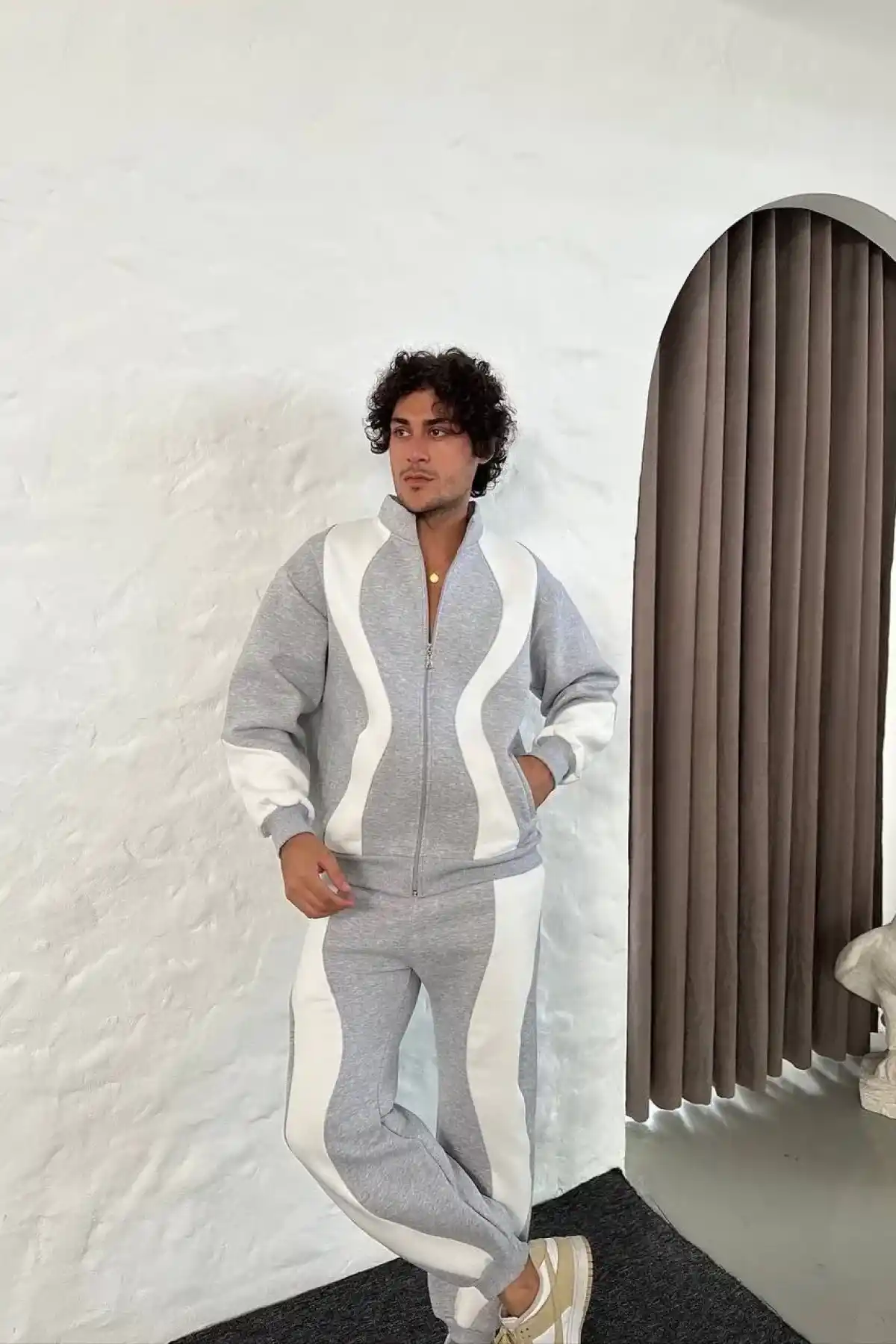 Erkek Premium Parçalı Eşofman Takım - Dik Yaka Fermuarlı Sweatshirt, - Gri