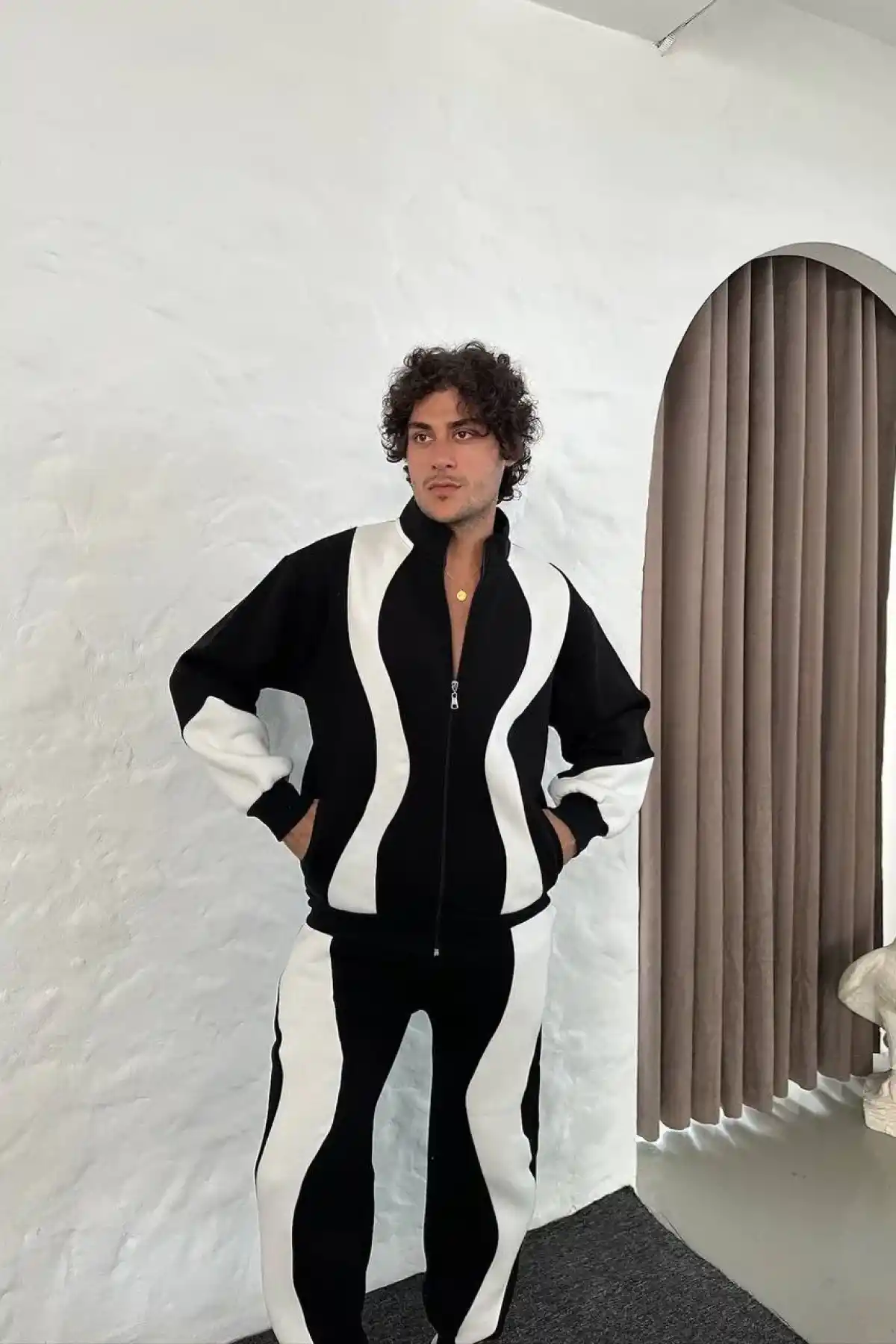 Erkek Premium Parçalı Eşofman Takım - Dik Yaka Fermuarlı Sweatshirt, - Siyah