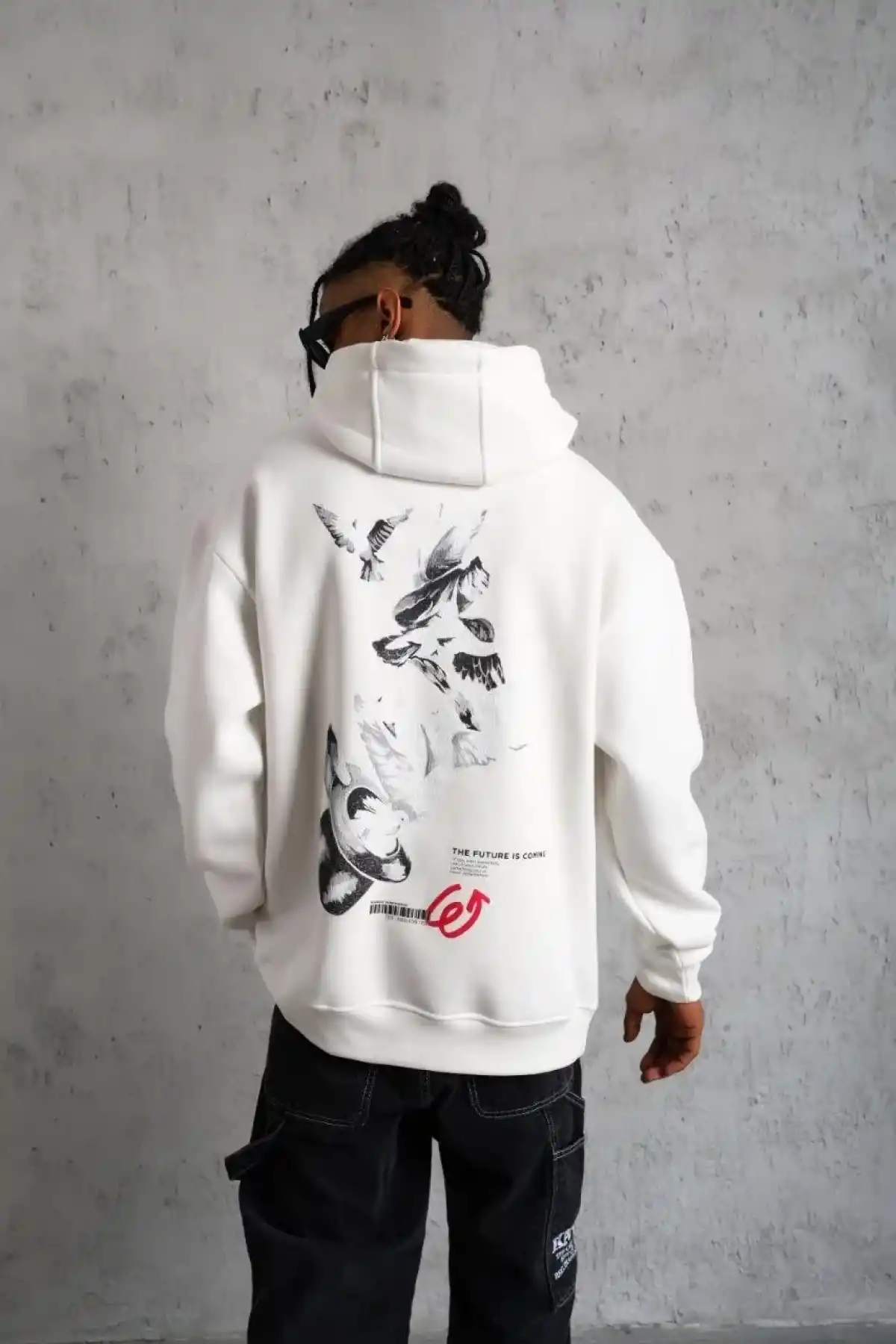 Erkek 3 İplik Pamuklu Kapüşonlu Baskılı Cepli Oversize Sweatshirt Hoodie - Beyaz