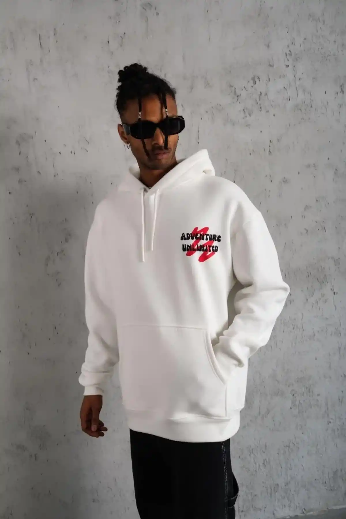 Erkek 3 İplik Pamuklu Kapüşonlu Baskılı Cepli Oversize Sweatshirt Hoodie - Beyaz