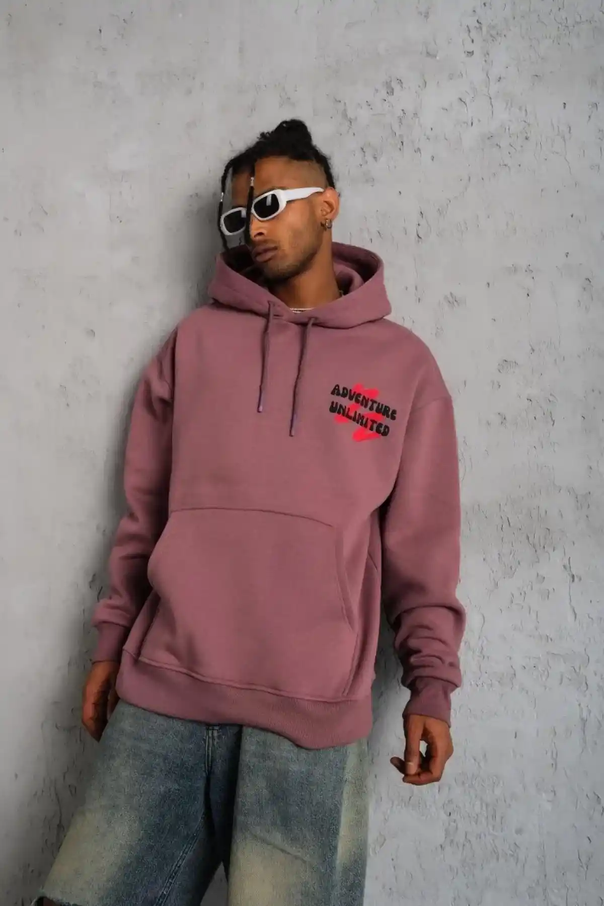 Erkek Şapkalı Güvercin Baskılı Kapşonlu Sweat - Gül Kurusu