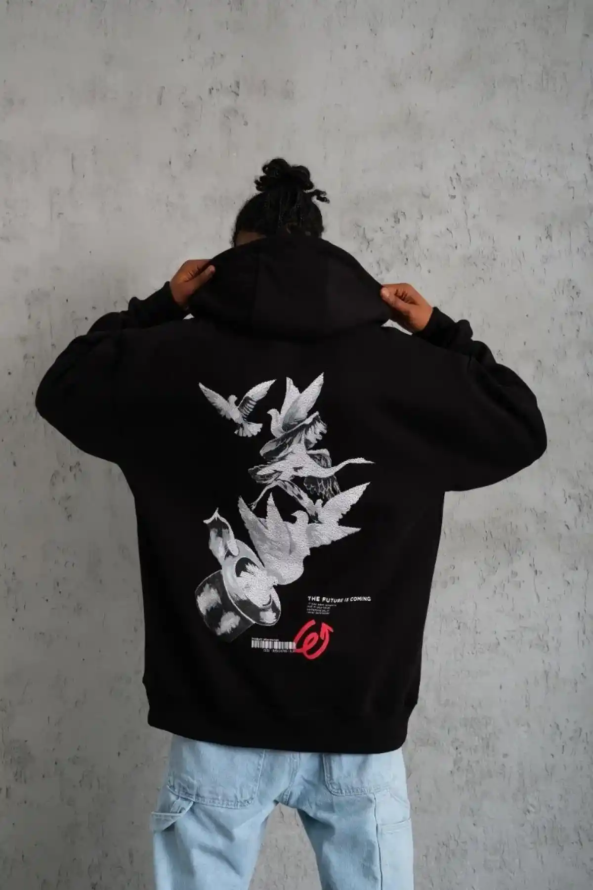 Erkek 3 İplik Pamuklu Kapüşonlu Baskılı Cepli Oversize Sweatshirt Hoodie - Siyah