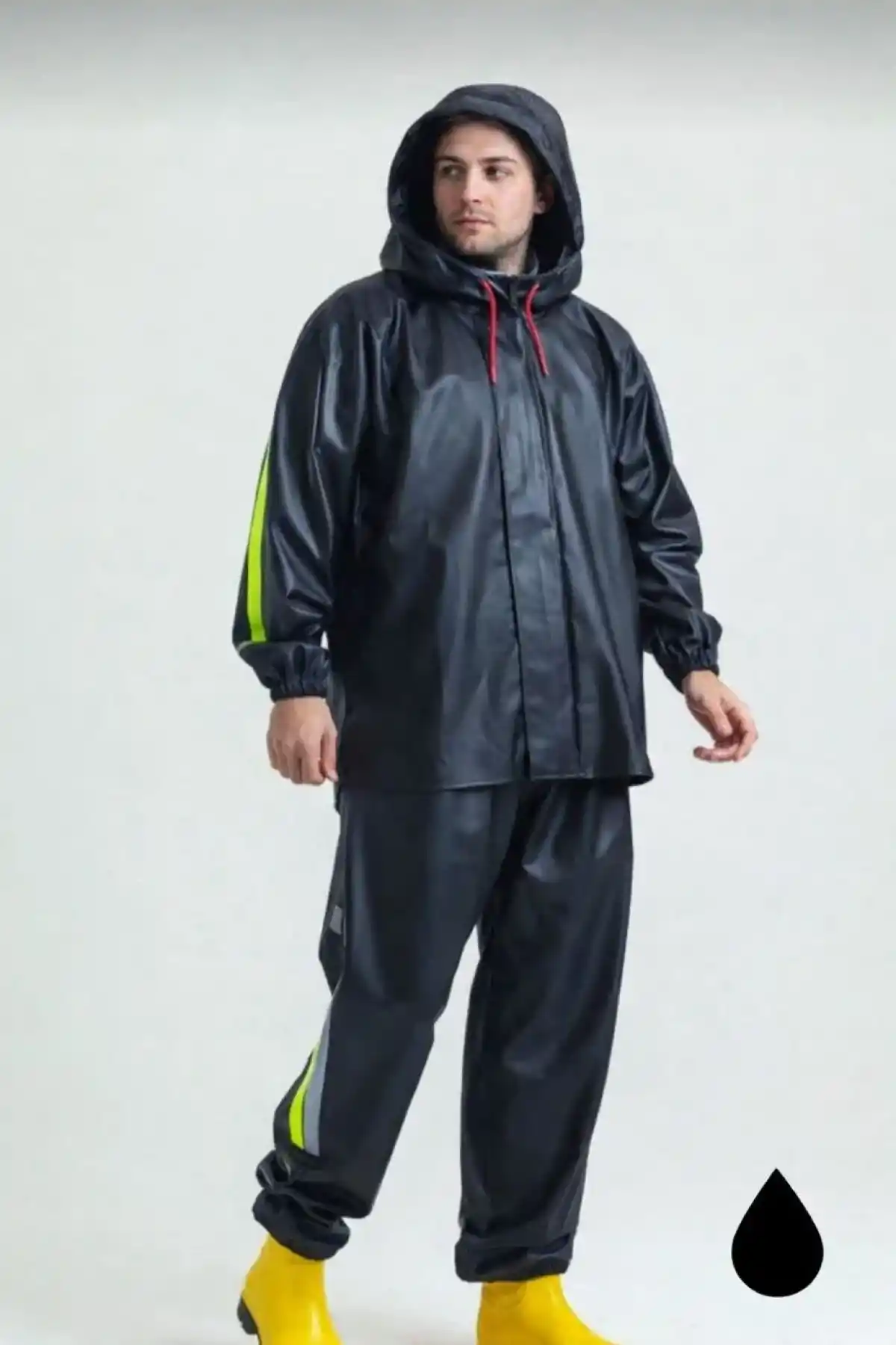 Erkek Şapkalı Kapüşonlu Su Geçirmez Yağmurluk Takımı Reflektörlü Motorcu Kıyafeti Su ve Rüzgar Gecirmez Motorcu Kurye Takım TÜBİTAK Onaylı - Siyah