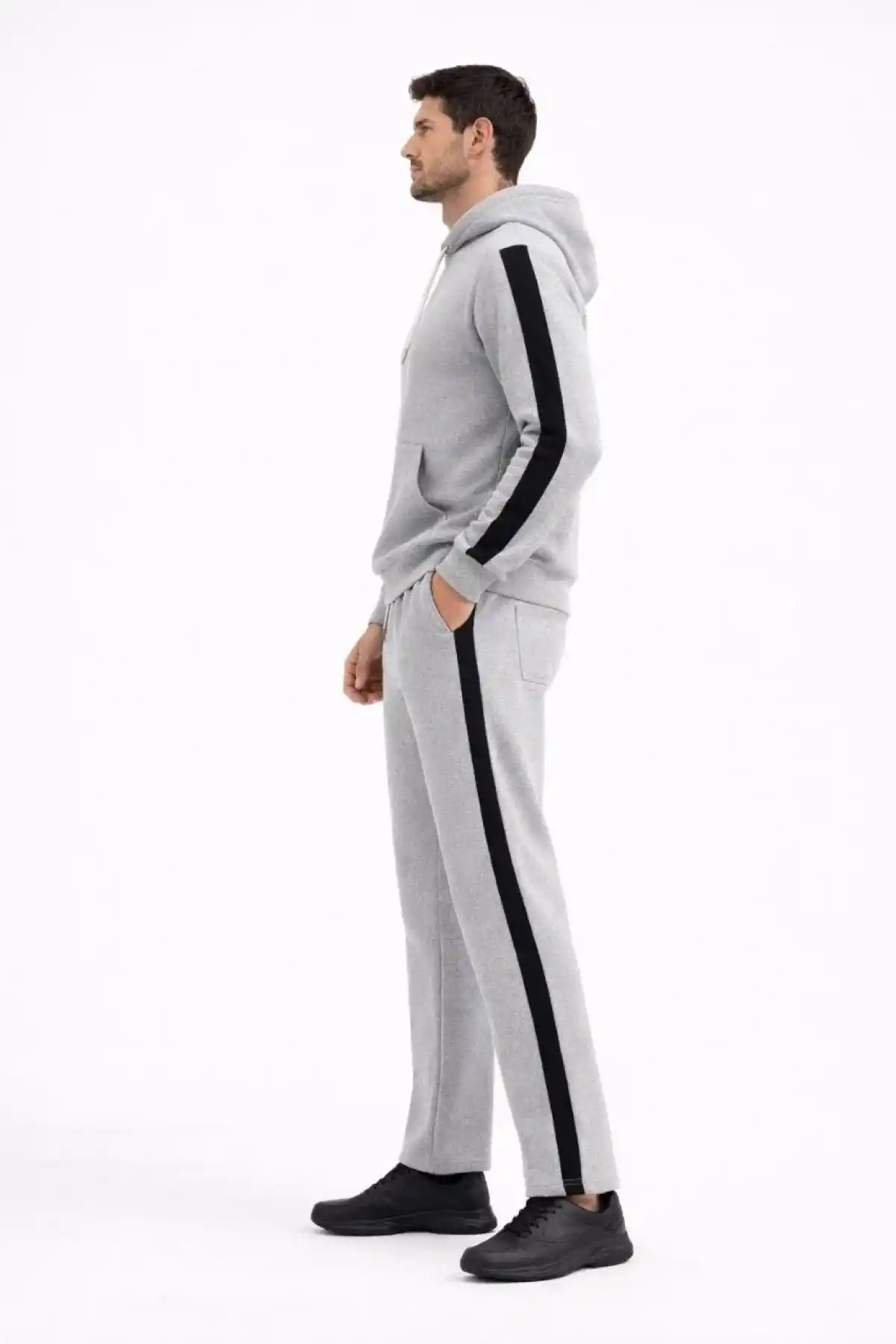 Erkek Şeritli Eşofman Takım Kapüşonlu Sweatshirt Boru Paça Alt, Oversize 3 iplik Pamuklu - Gri