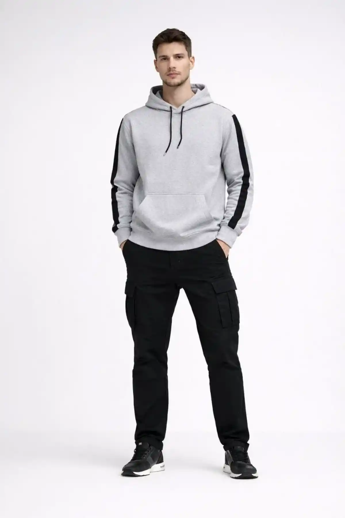 Erkek Şeritli Kapüşonlu Sweatshirt Oversize 3 iplik Pamuklu - Beyaz