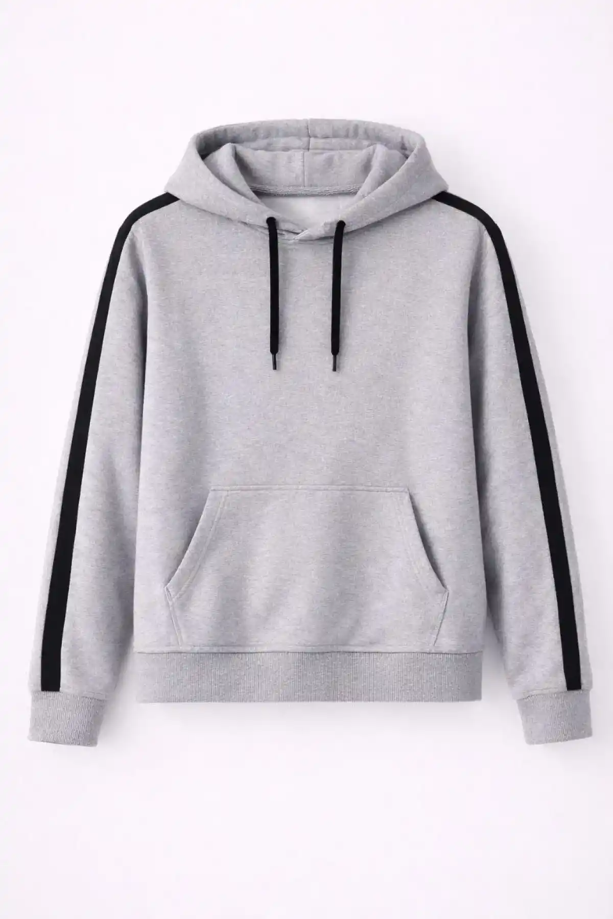 Erkek Şeritli Kapüşonlu Sweatshirt Oversize 3 iplik Pamuklu - Gri