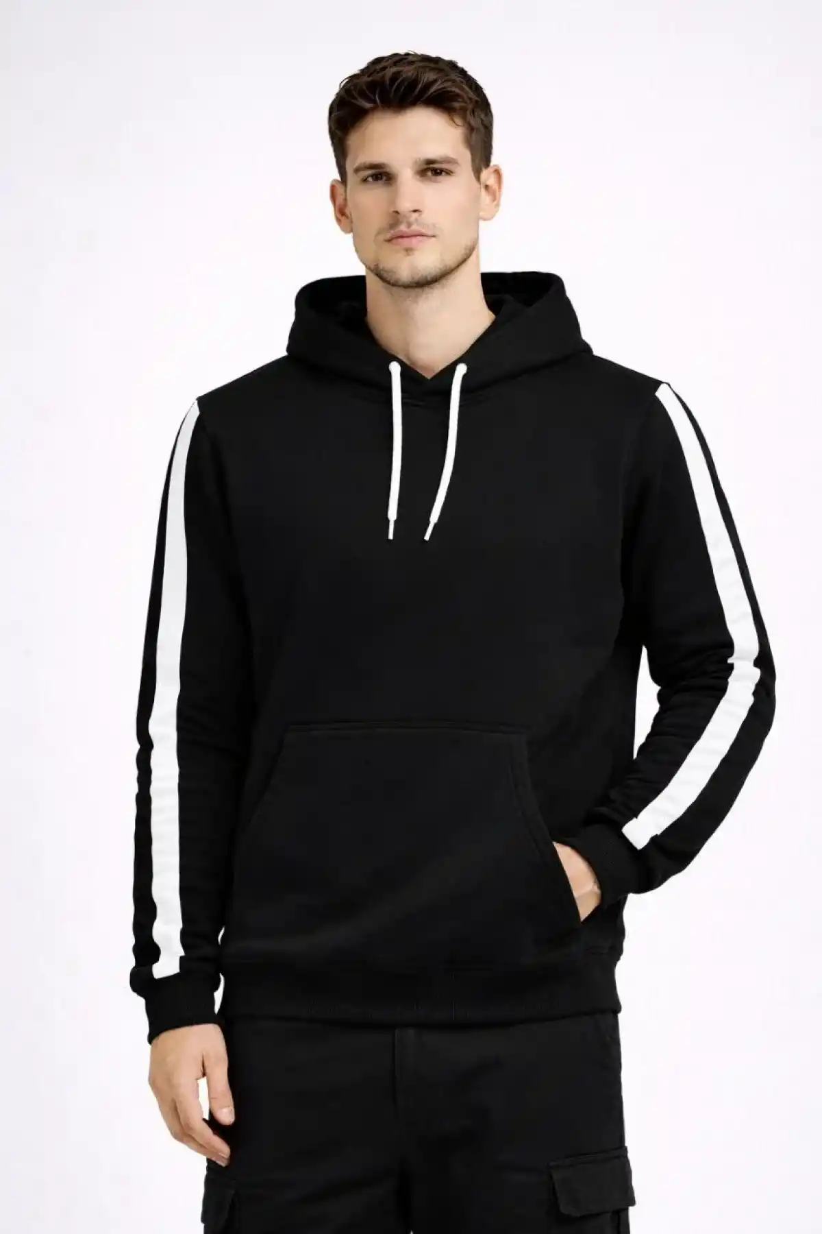 Erkek Şeritli Kapüşonlu Sweatshirt Oversize 3 iplik Pamuklu - Siyah