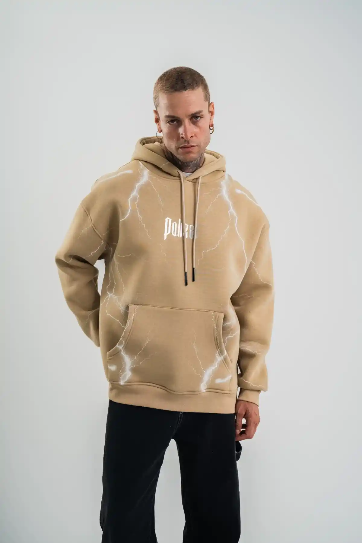 Erkek Şimşek Baskılı Kapşonlu Sweatshirt Üç İplik Pamuklu Kanguru Cepli Double Oversize Hoodie - Füme