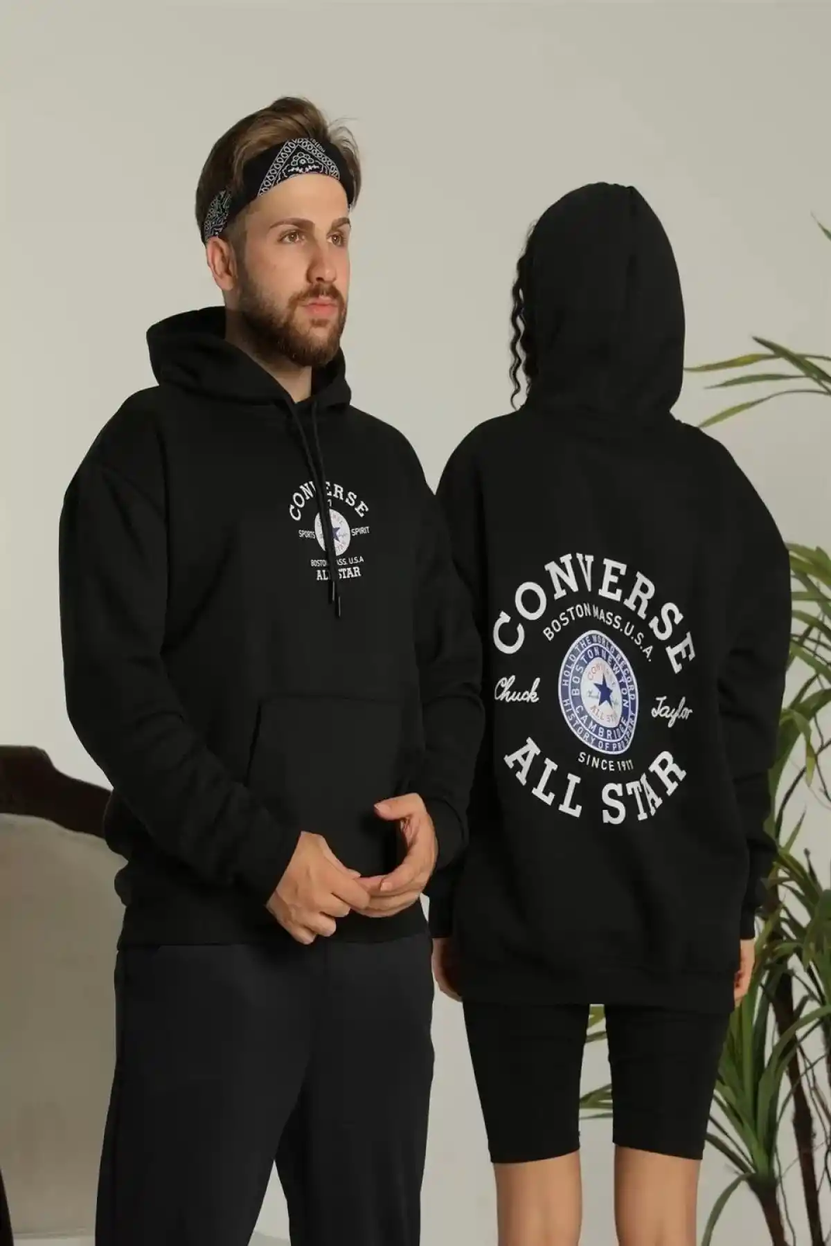 Erkek Sırt Baskılı Oversize Üç İplik Kapüşonlu Hoodie Sweatshirt - Siyah