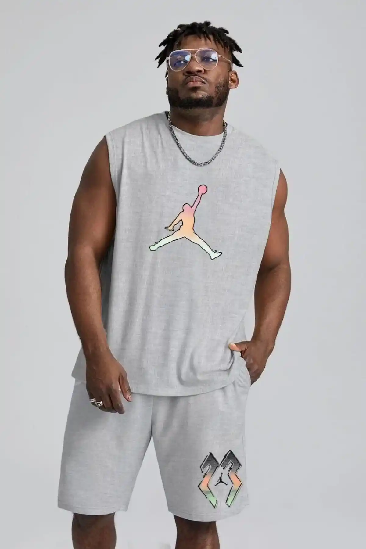 Erkek Sırt Baskılı Sıfır Kol İkili Şort Takım - Gri