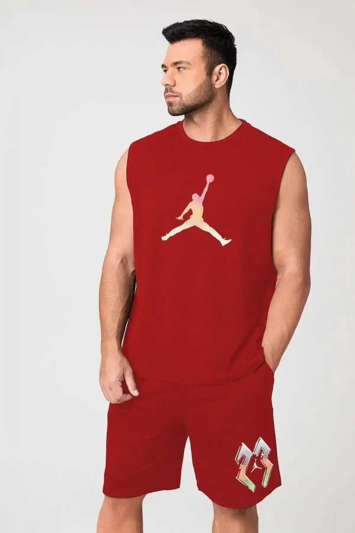Erkek Sırt Baskılı Sıfır Kol İkili Şort Takım - Kırmızı