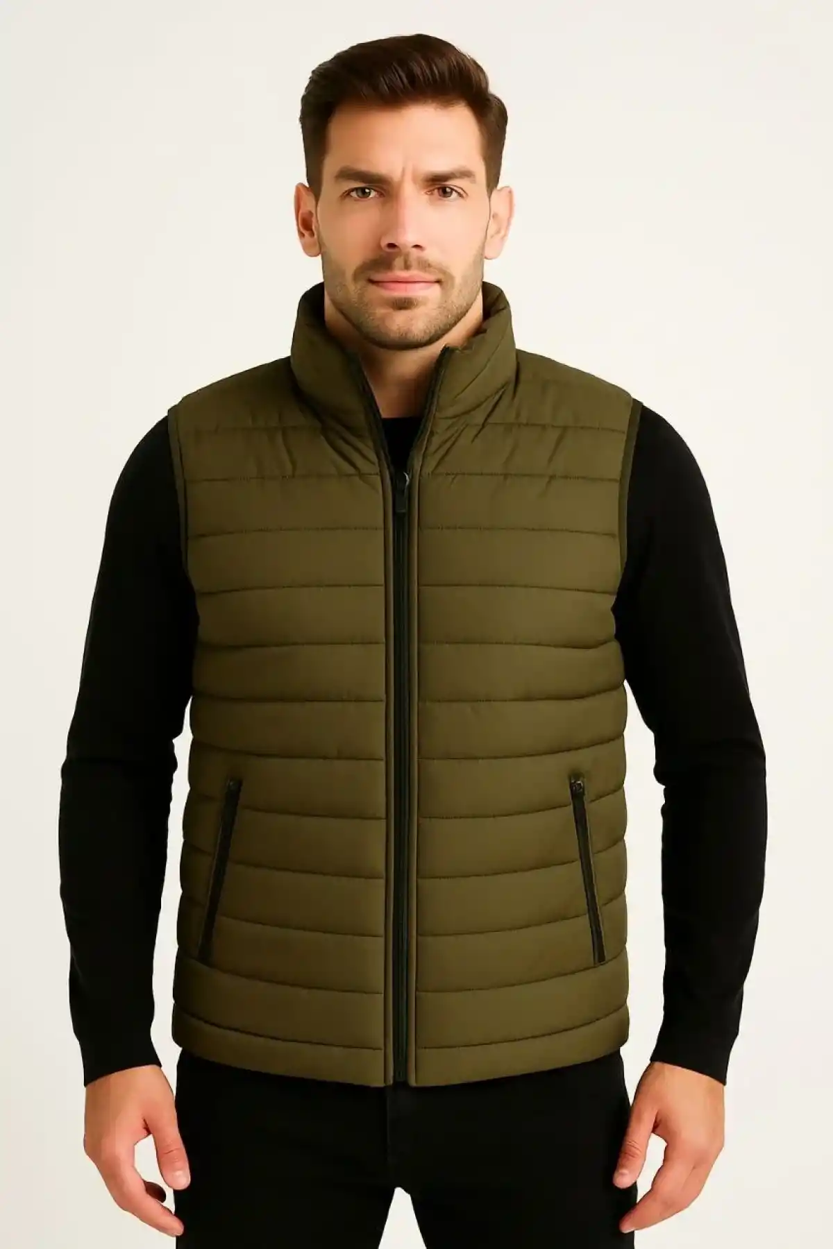 Erkek Şişme Fermuarlı Yelek Su itici Kapitone Astarlı Kumaş Cepli Hafif Kışlık Spor Rahat Kalıp - Haki