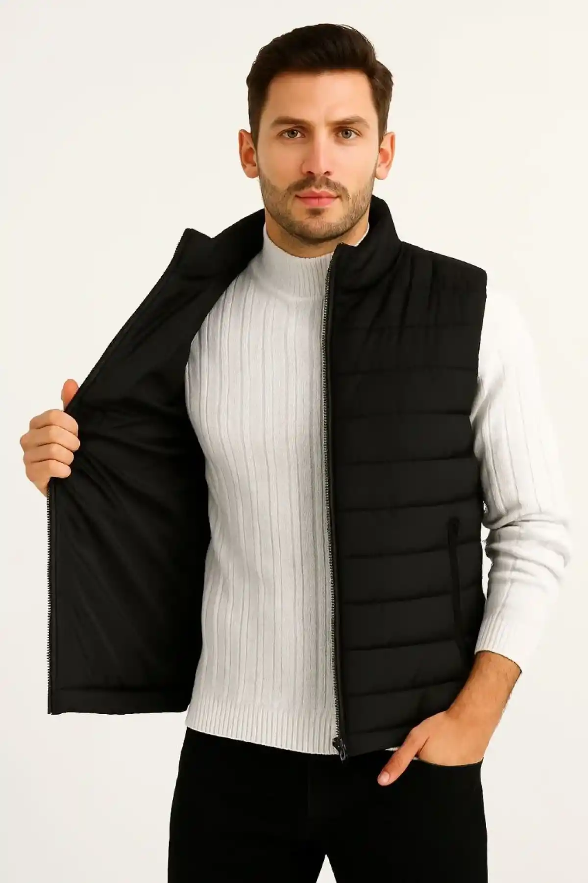 Erkek Şişme Fermuarlı Yelek Su itici Kapitone Astarlı Kumaş Cepli Hafif Kışlık Spor Rahat Kalıp - Siyah