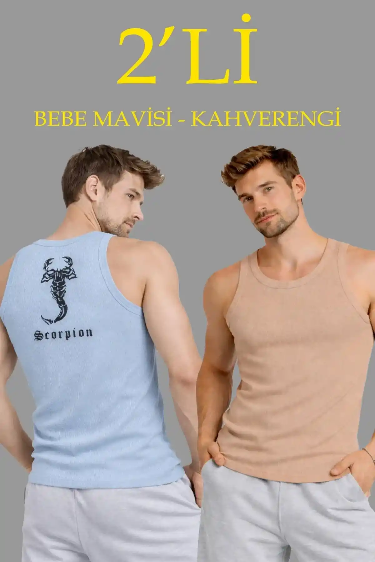 Erkek Spor Fitilli Atlet 2li Set Kahverengi Bebek Mavisi Slim Fit Kaşkorse Arka Baskılı