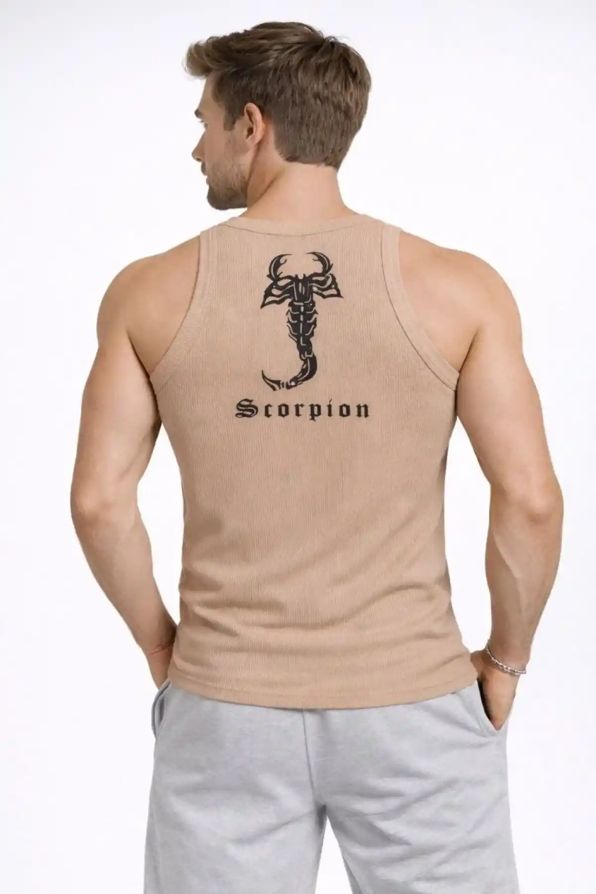 Erkek Spor Fitilli Atlet 2li Set Kahverengi ve Beyaz Slim Fit Kaşkorse Arka Baskılı Spor Atlet