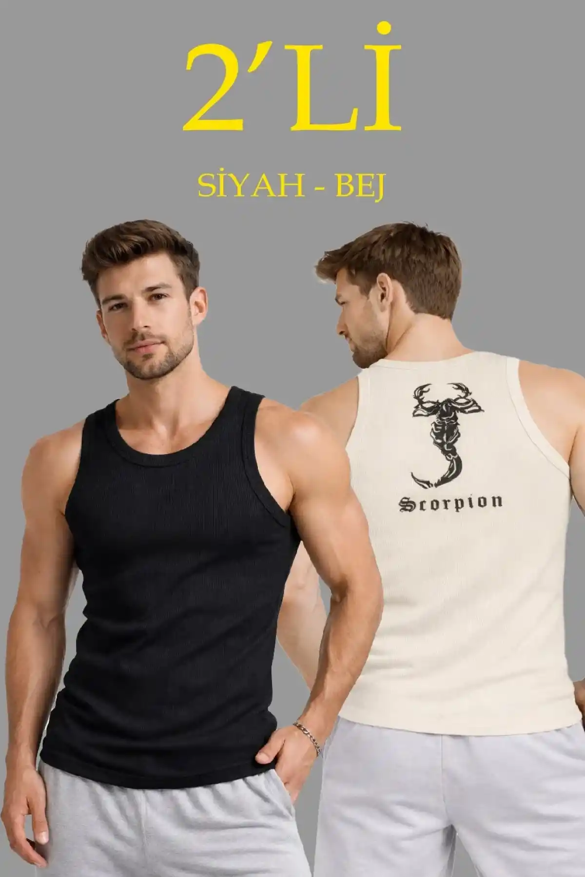 Erkek Spor Fitilli Atlet 2li Set Siyah ve Bej Slim Fit Kaşkorse Arka Baskılı Spor Atlet
