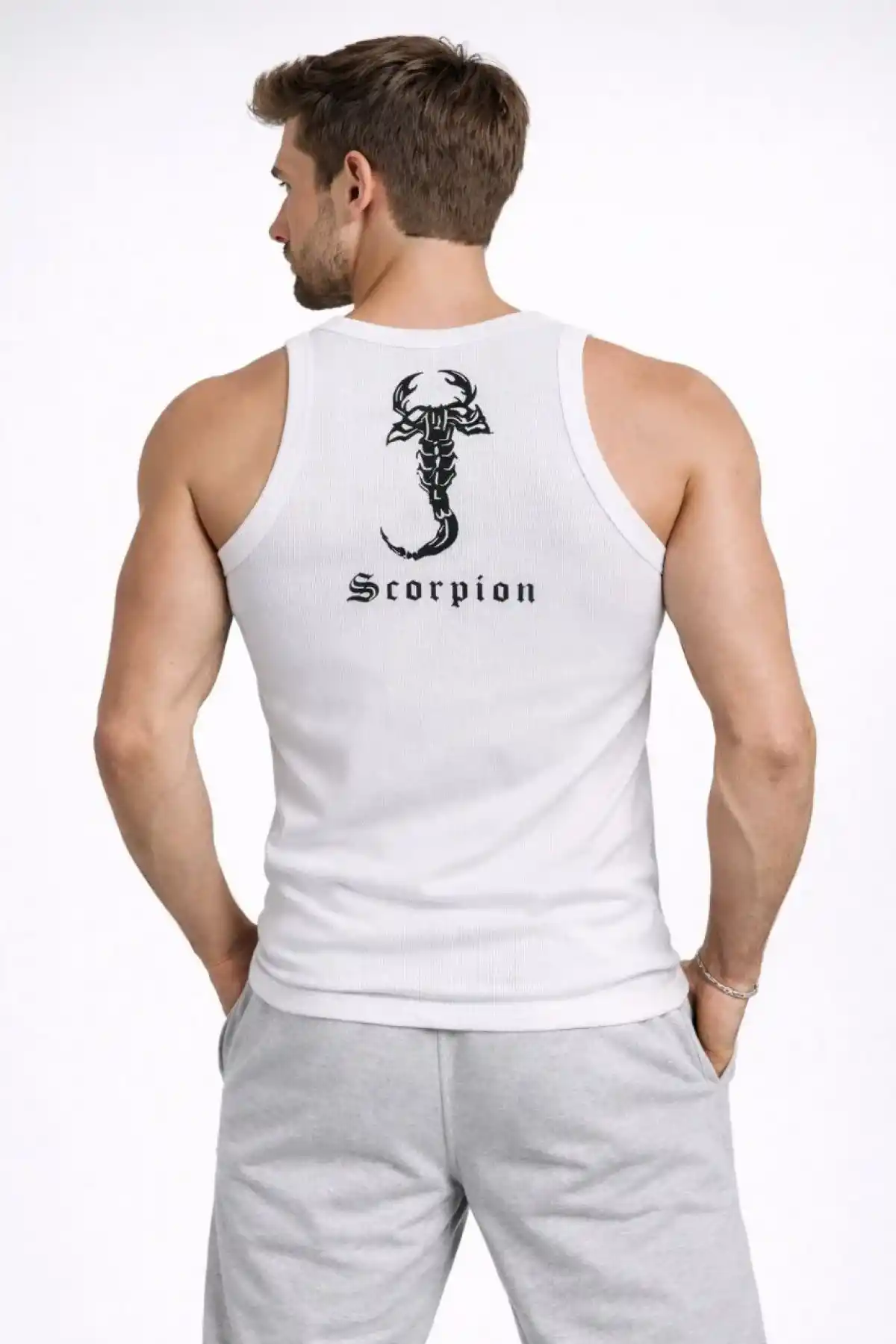 Erkek Spor Fitilli Atlet 3lü Set Beyaz Kırmızı Kahverengi Slim Fit Kaşkorse Arka Baskılı
