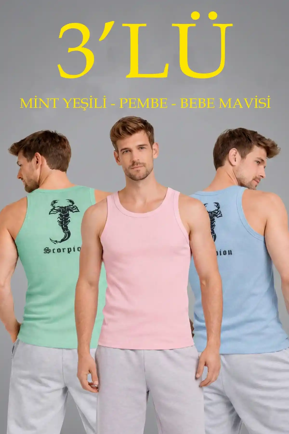 Erkek Spor Fitilli Atlet 3lü Set Mint Yeşili Pembe Bebek Mavisi Slim Fit Kaşkorse Arka