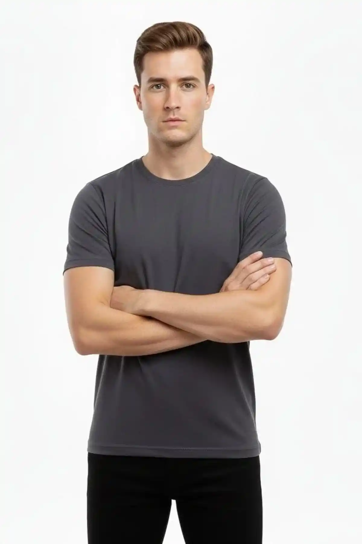 Erkek Bisiklet Yaka Slim Fit dar kesim Likralı Tişört - Füme