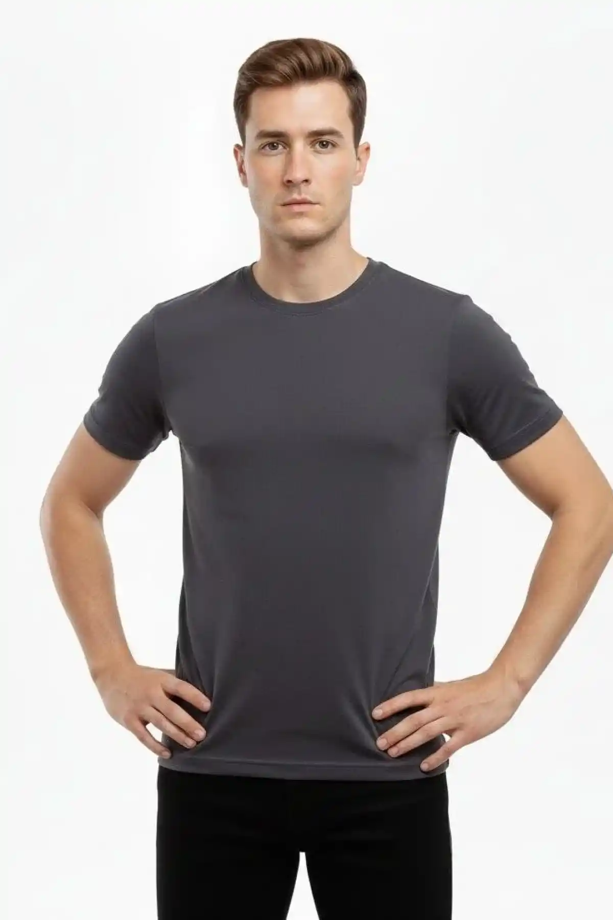 Erkek Bisiklet Yaka Slim Fit dar kesim Likralı Tişört - Füme