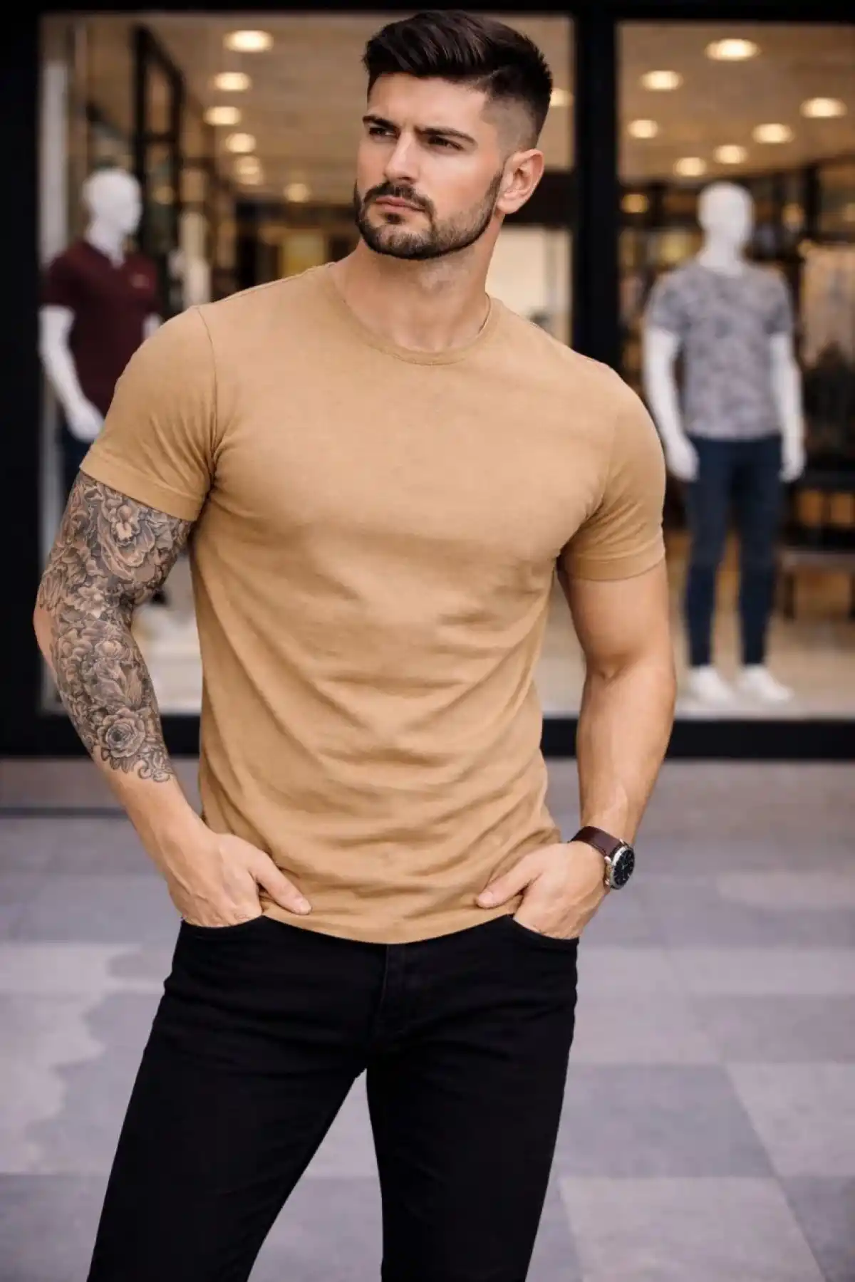 Erkek T-Shirt Bisiklet Yaka Slim Fit dar kesim Likralı Tişört Günlük Basic Body - Kahverengi