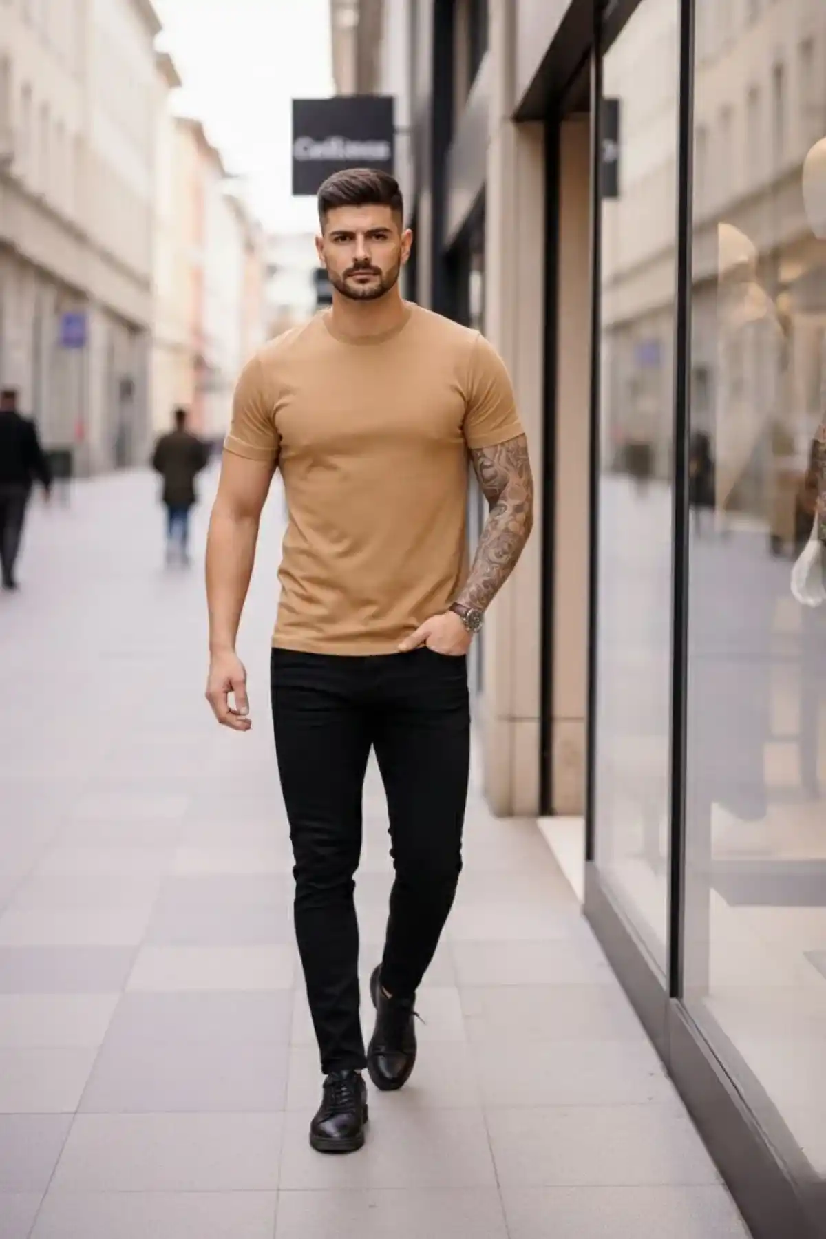 Erkek T-Shirt Bisiklet Yaka Slim Fit dar kesim Likralı Tişört Günlük Basic Body - Kahverengi