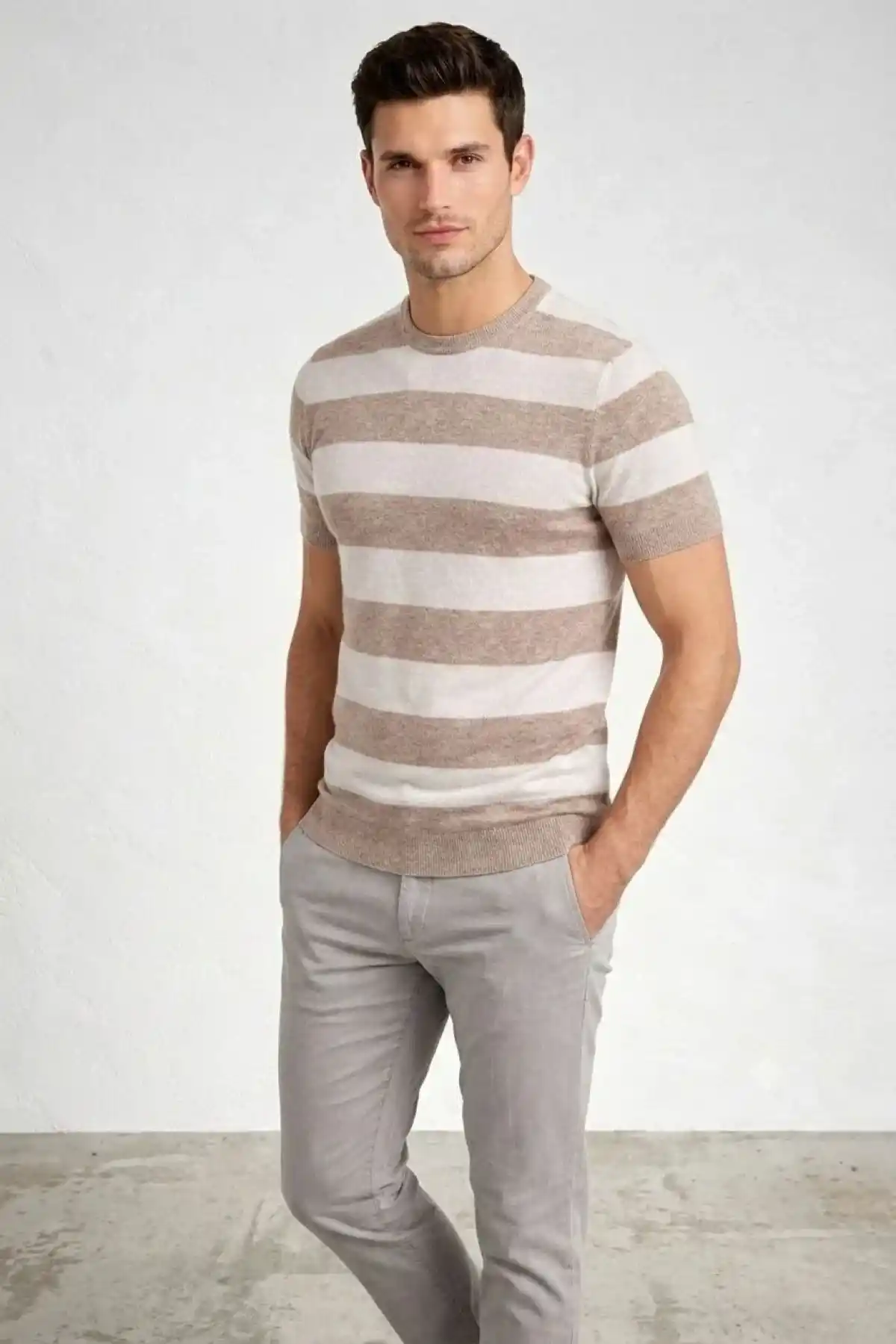 Erkek T-shirt Çizgili Triko Dokuma Bisiklet Yaka Tişört - Bej