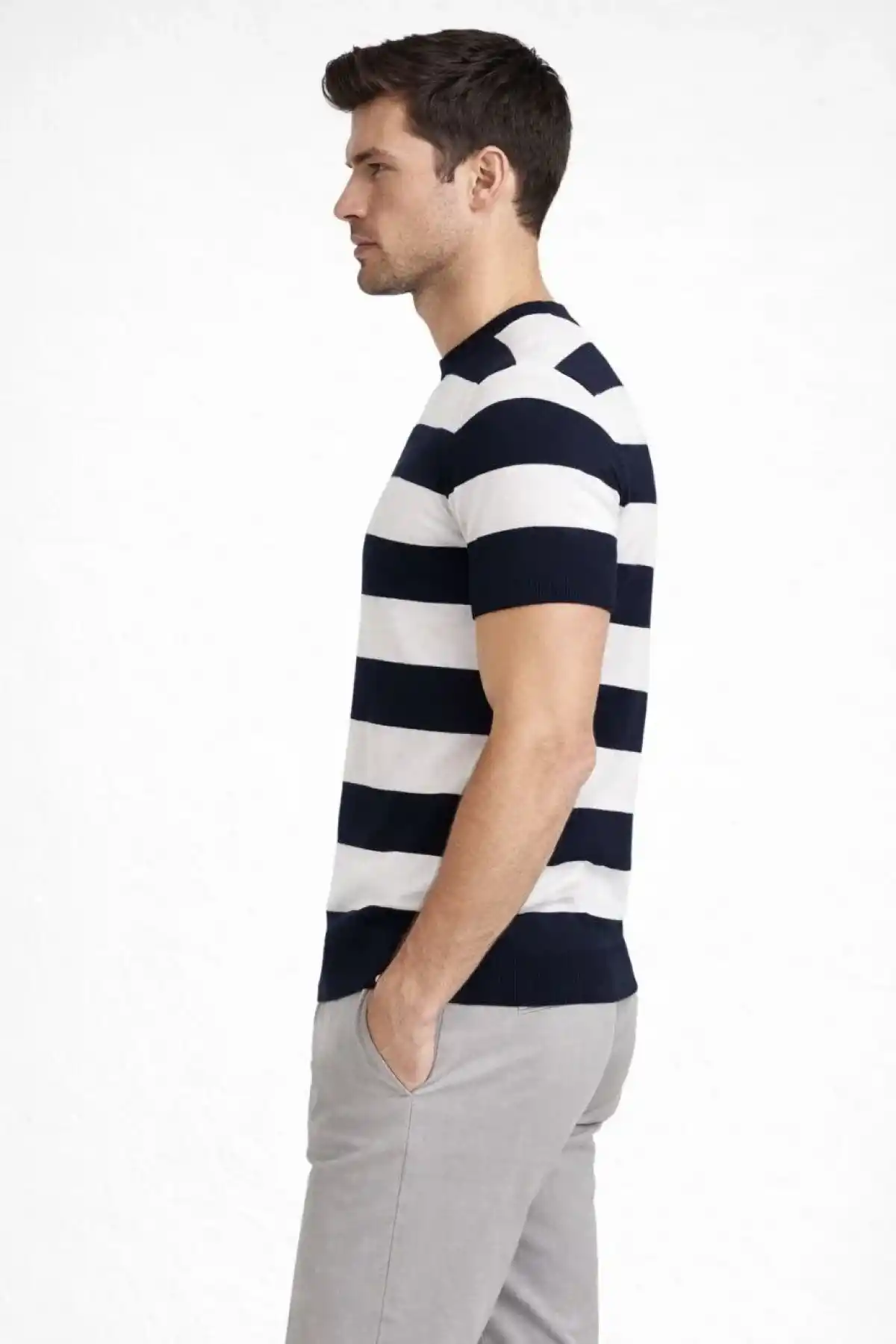 Erkek T-shirt Çizgili Triko Dokuma Bisiklet Yaka Tişört  - Siyah