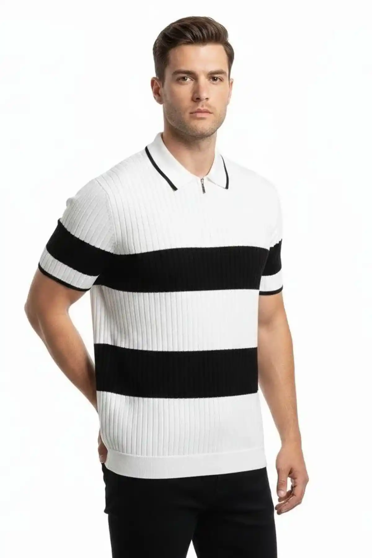 Erkek Çizgili Triko Dokuma Polo Yaka Yarım Fermuarlı Regular Kalıp Tişört - Beyaz