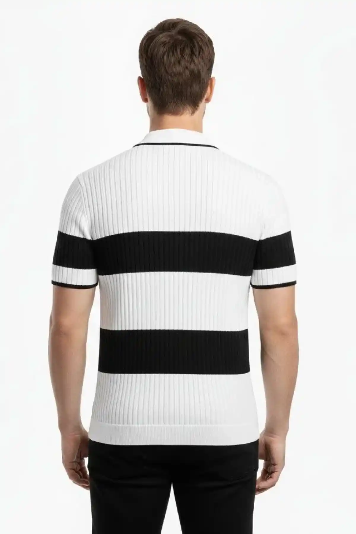 Erkek Çizgili Triko Dokuma Polo Yaka Yarım Fermuarlı Regular Kalıp Tişört - Beyaz