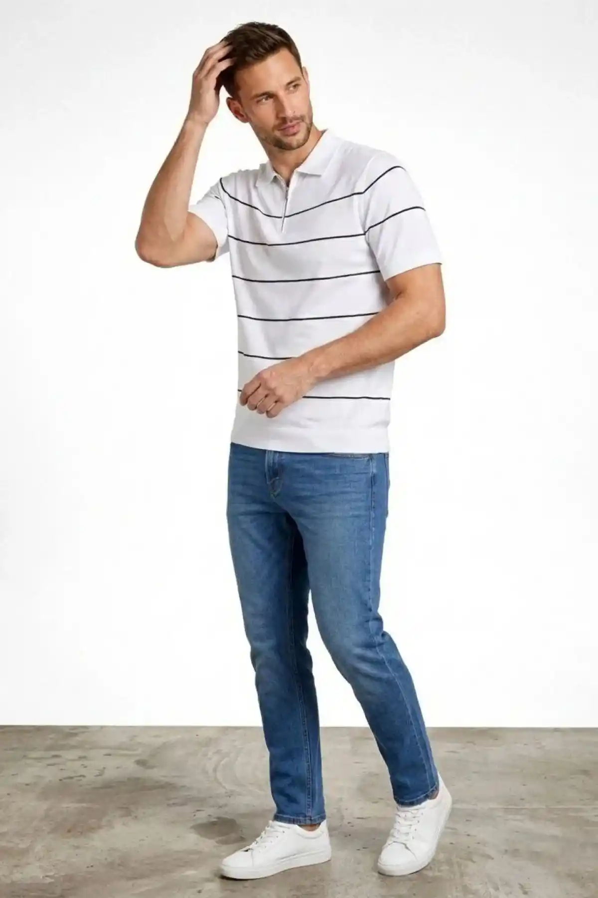 Erkek T-shirt Çizgili Triko Dokuma Kumaş Polo Yaka Yarım Fermuarlı Regular Kalıp Tişört - Beyaz