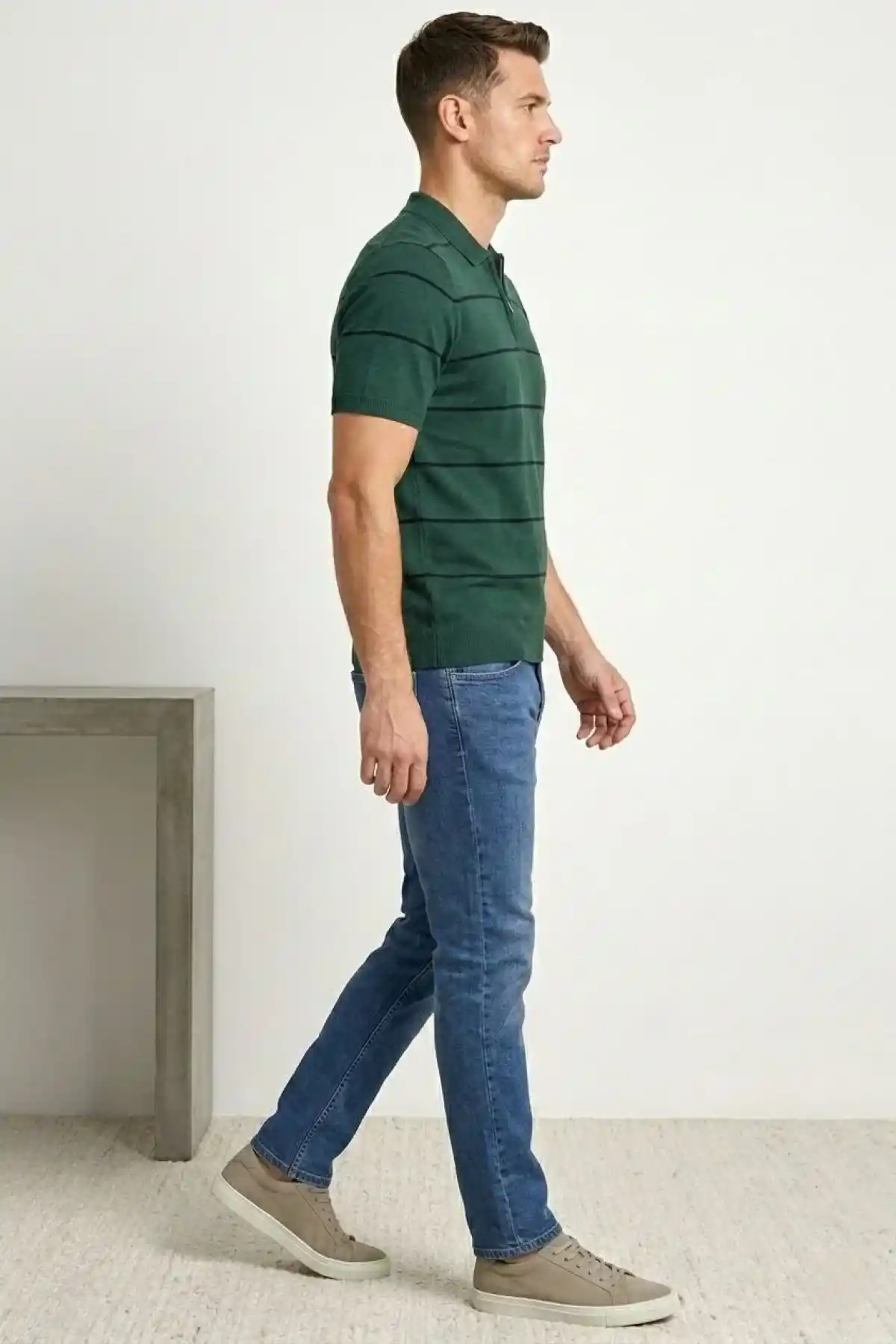 Erkek T-shirt Çizgili Triko Dokuma Kumaş Polo Yaka Yarım Fermuarlı Regular Kalıp Tişört - Çağla Yeşili