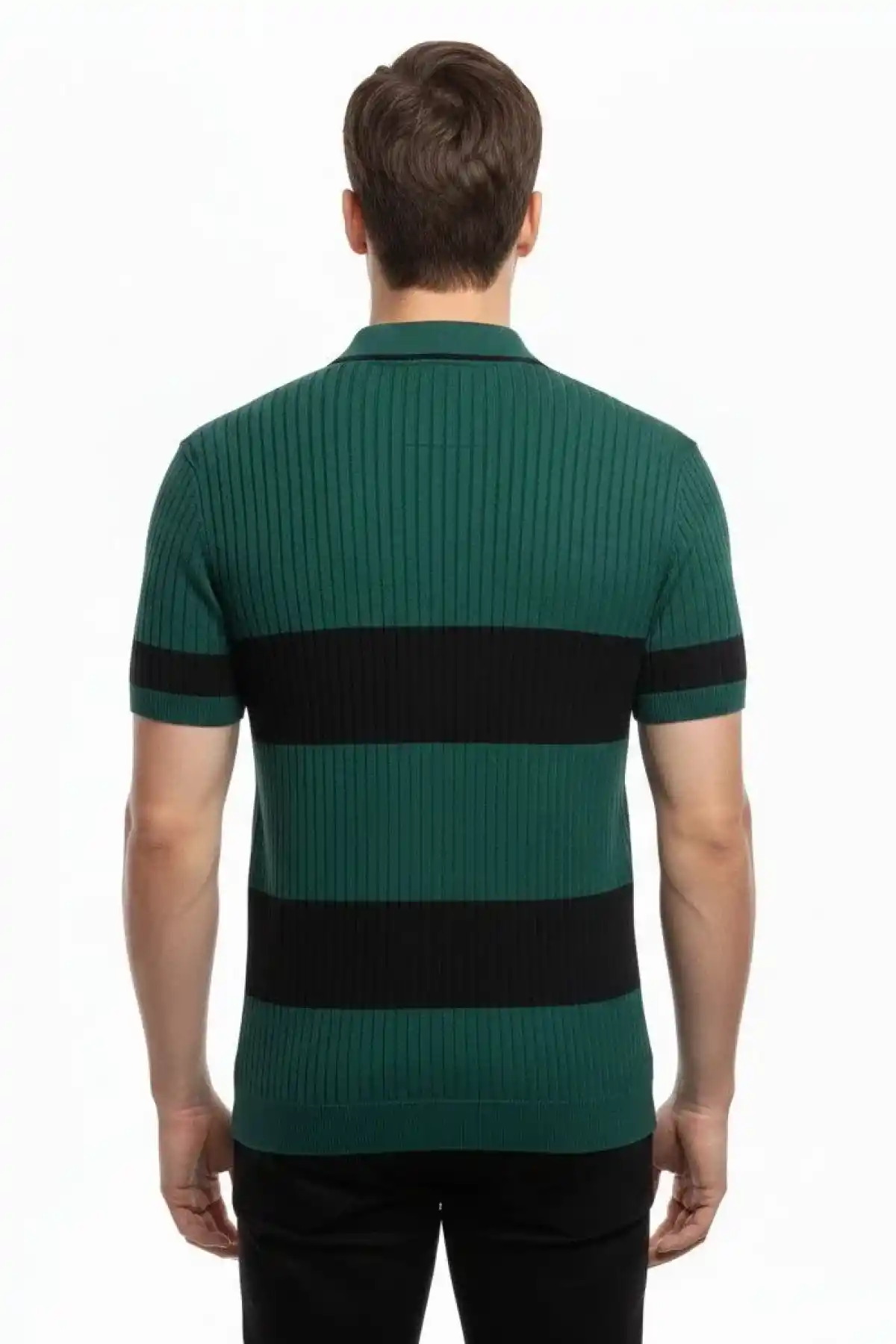 Erkek Çizgili Triko Dokuma Polo Yaka Yarım Fermuarlı Regular Kalıp Tişört - Çağla Yeşili