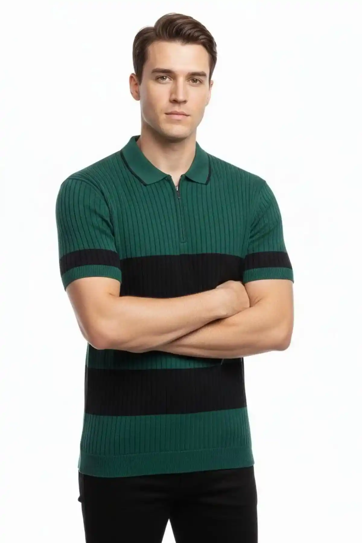 Erkek Çizgili Triko Dokuma Polo Yaka Yarım Fermuarlı Regular Kalıp Tişört - Çağla Yeşili