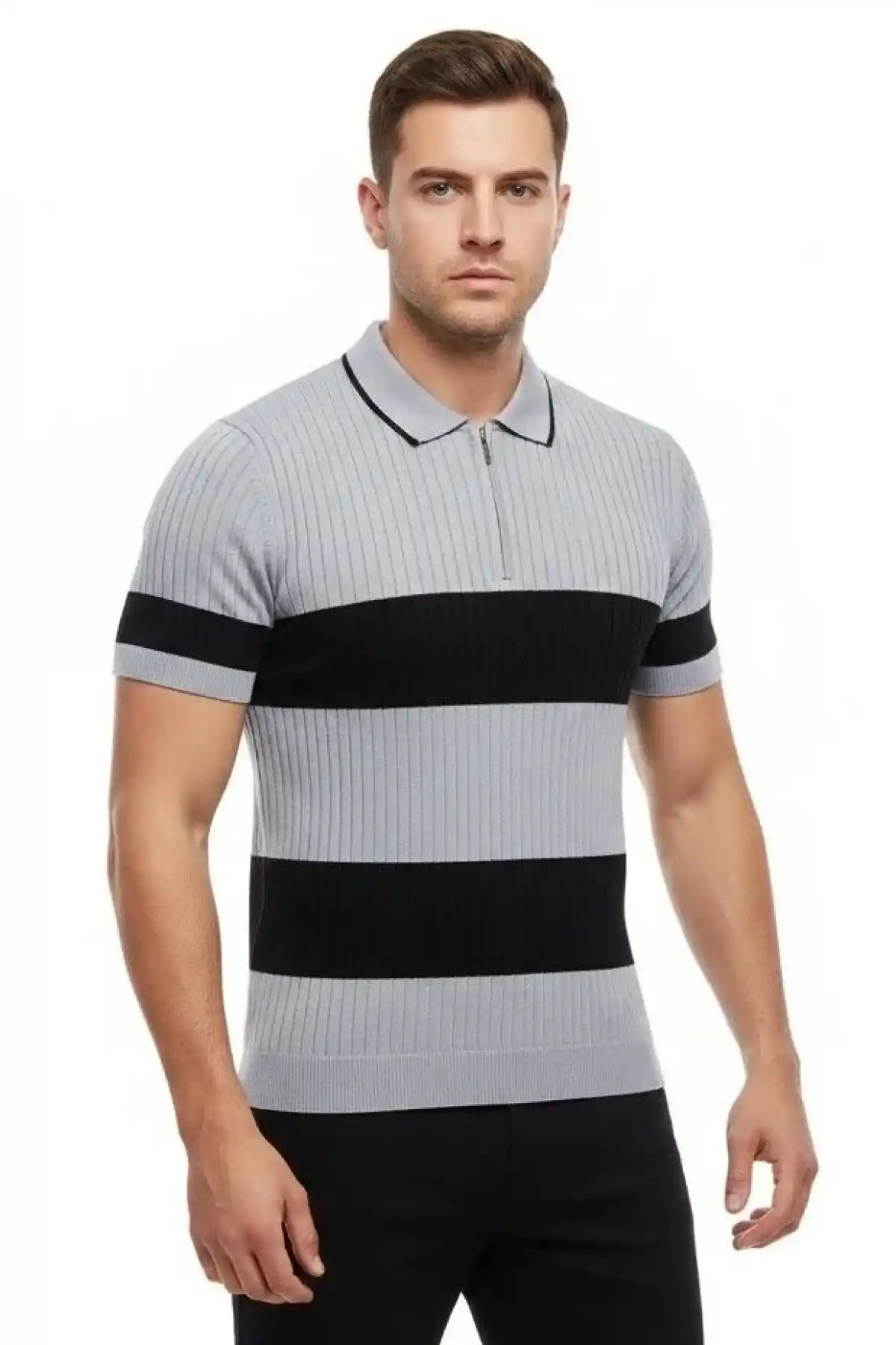 Erkek Çizgili Triko Dokuma Polo Yaka Yarım Fermuarlı Regular Kalıp Tişört - Gri