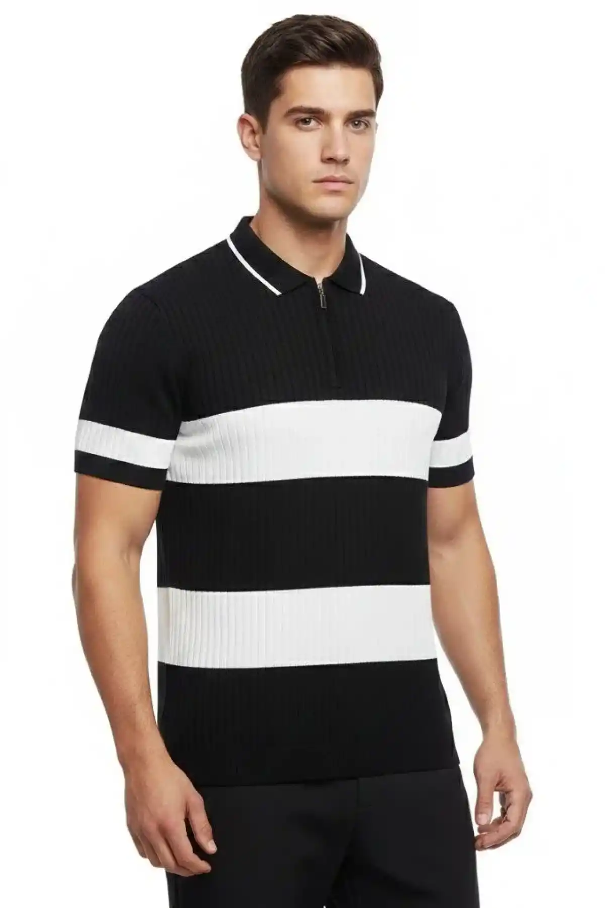 Erkek T-shirt Çizgili Triko Dokuma Kumaş Polo Yaka Yarım Fermuarlı Regular Kalıp Tişört - Siyah