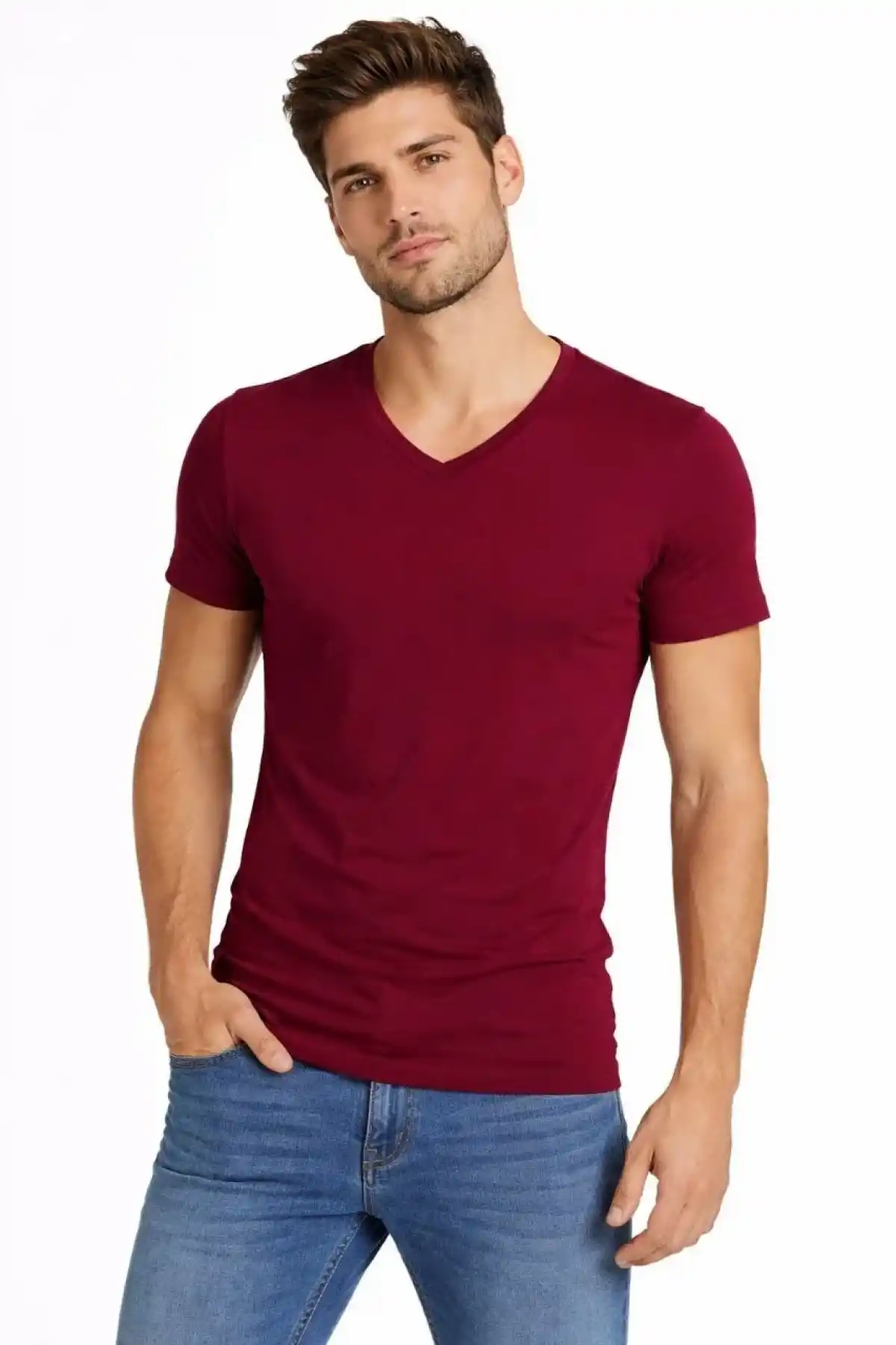 Erkek V Yaka Slim Fit dar kesim Likralı Tişört - Bordo