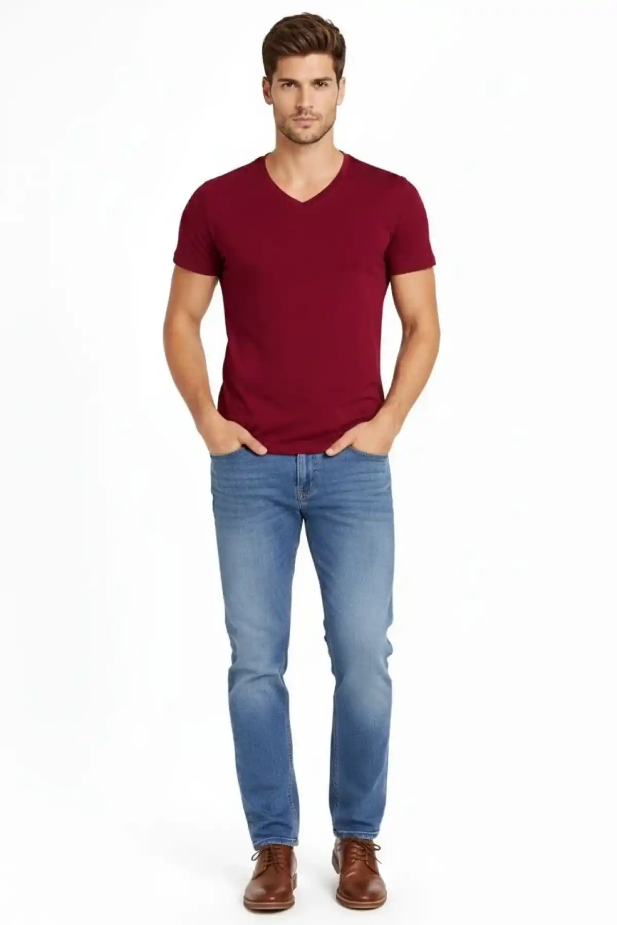 Erkek V Yaka Slim Fit dar kesim Likralı Tişört - Bordo