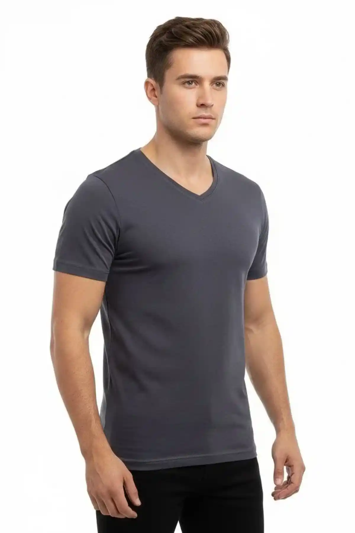 Erkek T-Shirt V Yaka Slim Fit dar kesim Likralı Tişört Günlük Basic Body - Füme