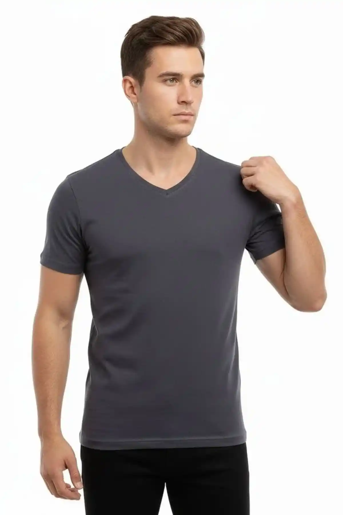Erkek T-Shirt V Yaka Slim Fit dar kesim Likralı Tişört Günlük Basic Body - Füme